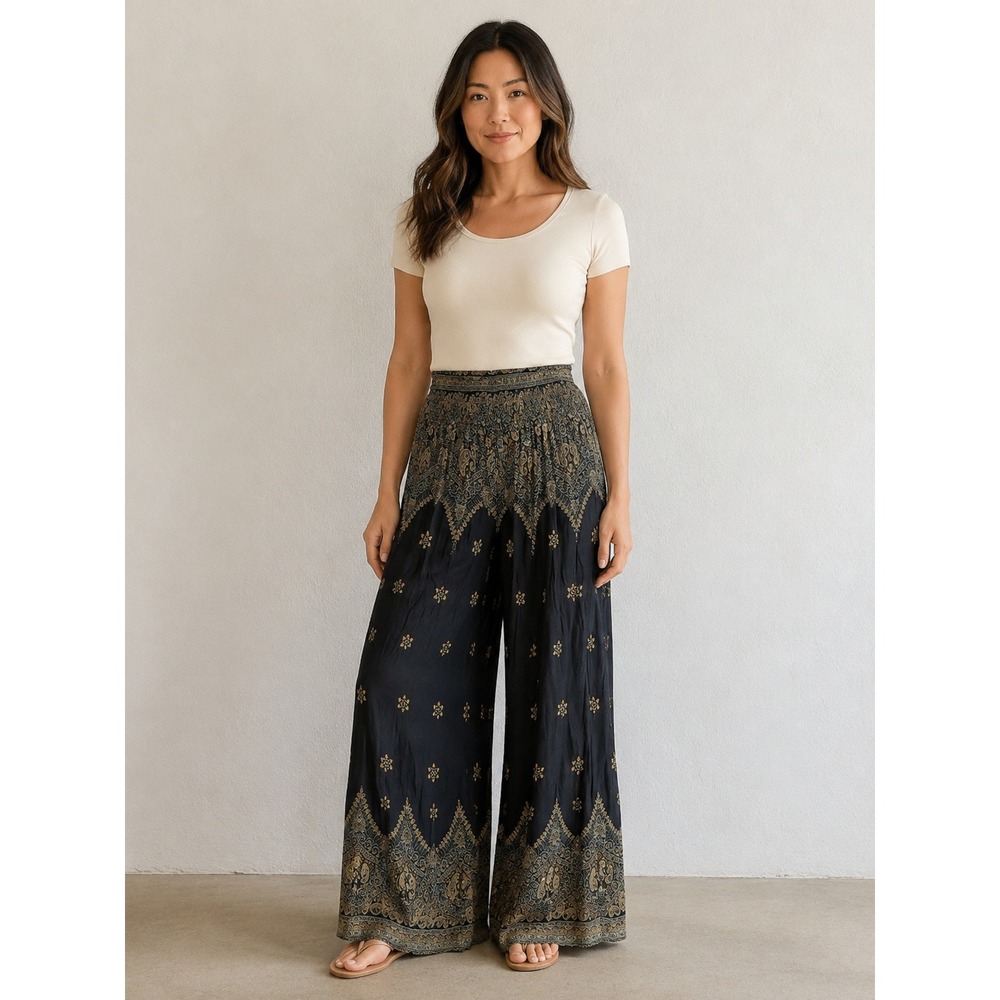 Women's XL Black Brown Paisley Boho Wide Leg Palazzo Pants Elastic Waist